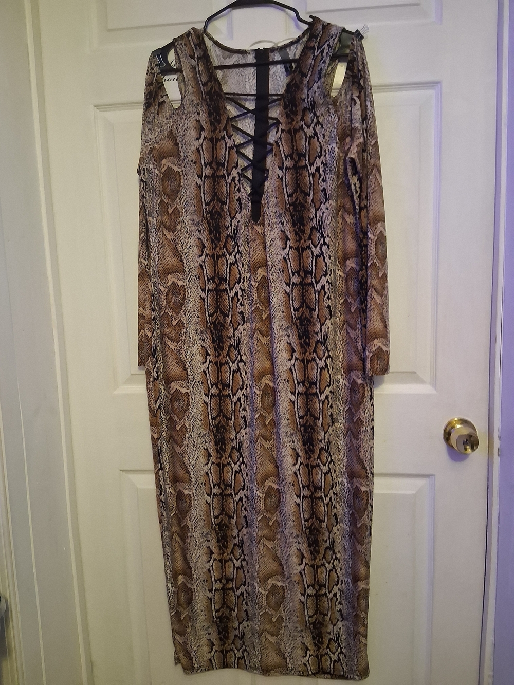 Lace-Up V-Neck Snake Print Midi Dress in Brown